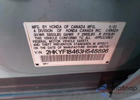 2003 Honda Pilot Ex from USA, damaged, VIN 2HKYF18463H548896